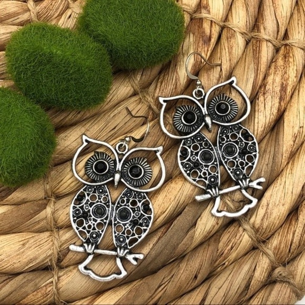 🌼 Filigree Large Owl Silver Dangle Earrings